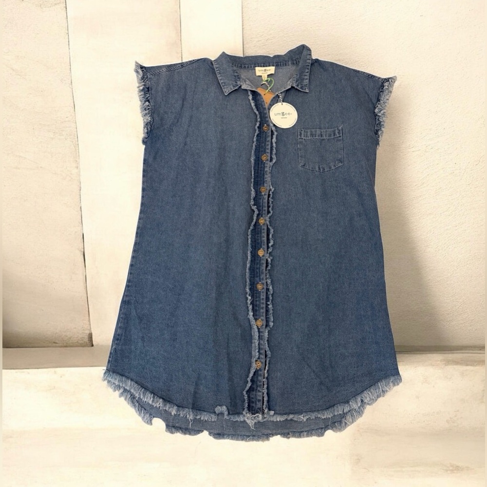 Umgee ⭐️ Denim Button Front Shirt Dress XL NWT Frayed Hem Oversized ✨ - Picture 2 of 7